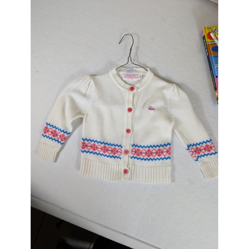 Vintage Izod Lacoste Girls 3T Cardigan Sweater White Fair Isle Pink